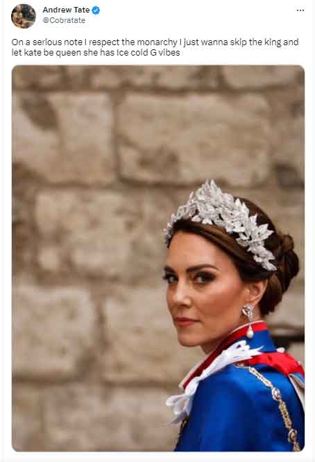 Andrew Tate takes veiled jibe at King Charles, wants Kate Middleton to be Queen