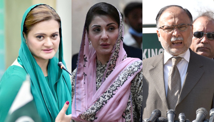 (Left to right) PML-N leaders Marriyum Aurangzeb, Maryam Nawaz, and Ahsan Iqbal. — Online/AFP/APP/File