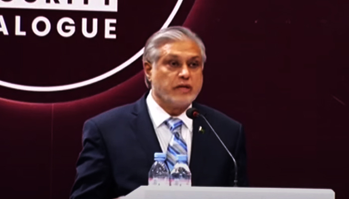 Minister for Finance and Revenue Ishaq Dar addresses the Islamabad Security Dialogue on May 11, 2023, in this still taken from a video. — YouTube/GeoNews
