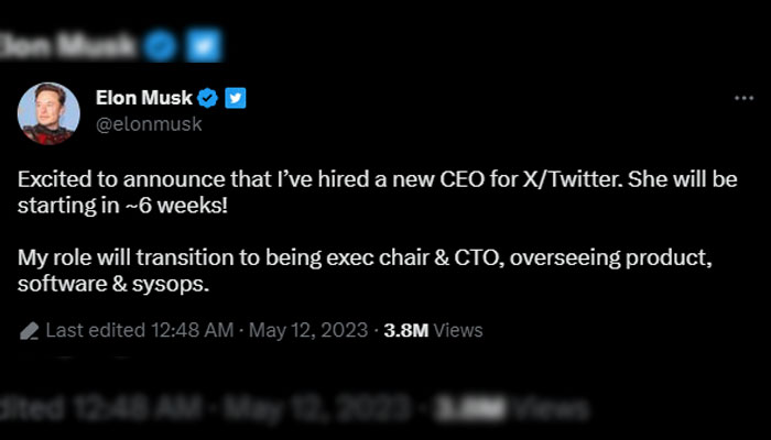 Screengrab of Twitter owner Elon Musks tweet on May 12, 2023.—Twitter@elonmusk