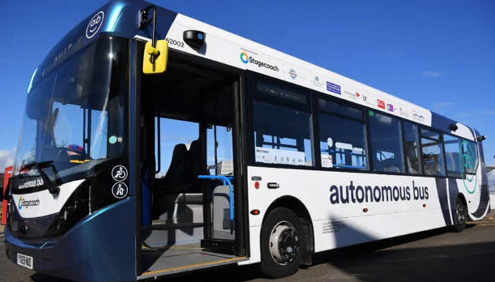 A bus that will be used for the CAVForth autonomous bus service, AB1, is pictured during a press preview in Queensferry, Scotland on May 11, 2023.—AFP