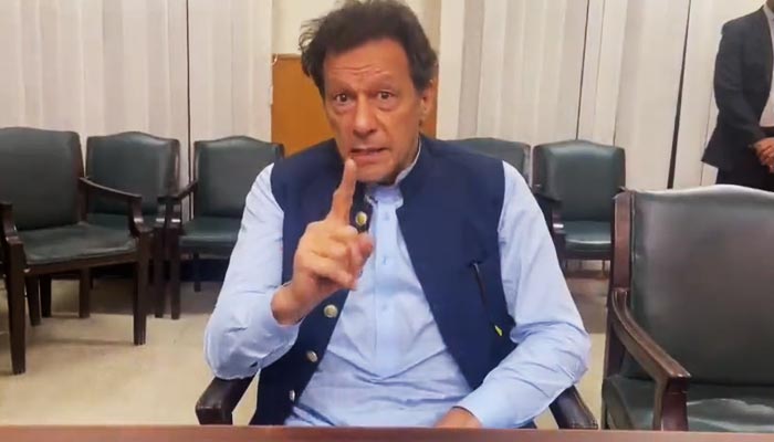 PTI Chairman Imran Khan speaks during a video message from Islamabad High Court in Islamabad, on May 12, 2023, in this still taken from the video. — PTI