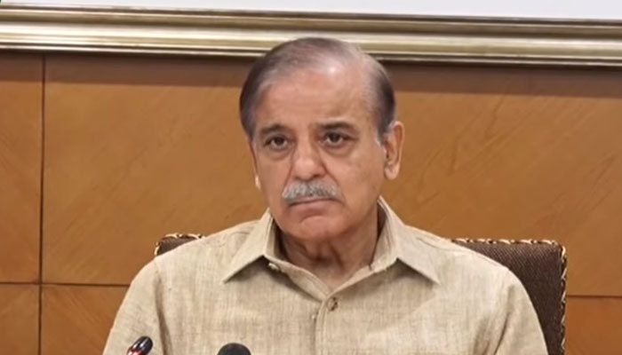 Prime Minister Shehbaz Sharif is addressing the media after visiting the Punjab Safe City Authority Headquarters in Lahore. — Screengrab/PTV News