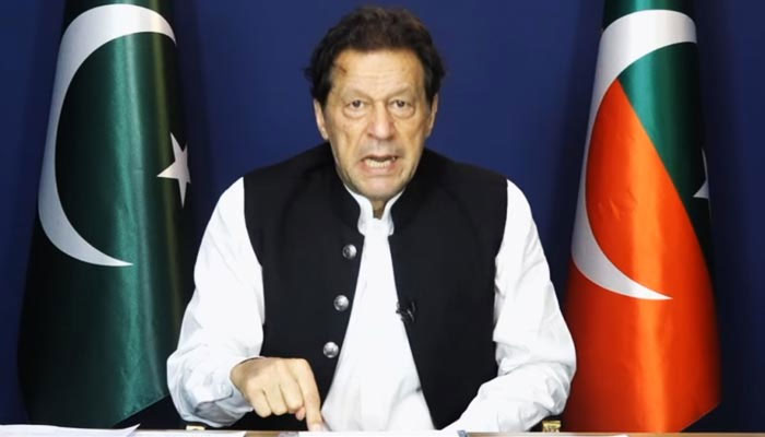 Pakistan Tehreek-e-Insaf Chairman Imran Khan addresses his party workers on May 13, 2023, in this still taken from a video. — YouTube/PTI