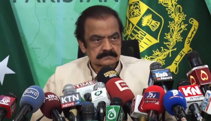 Home Minister Rana Sanaullah addresses a press conference in Islamabad, May 13, 2023, in this still image from a video.  —YouTube/PTVNewsLive