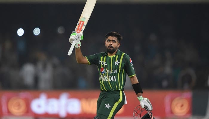 Pakistans captain Babar Azam celebrates his century (100 runs) during the second Twenty20 cricket match between Pakistan and New Zealand at the Gaddafi Cricket Stadium in Lahore, on April 15, 2023. — AFP