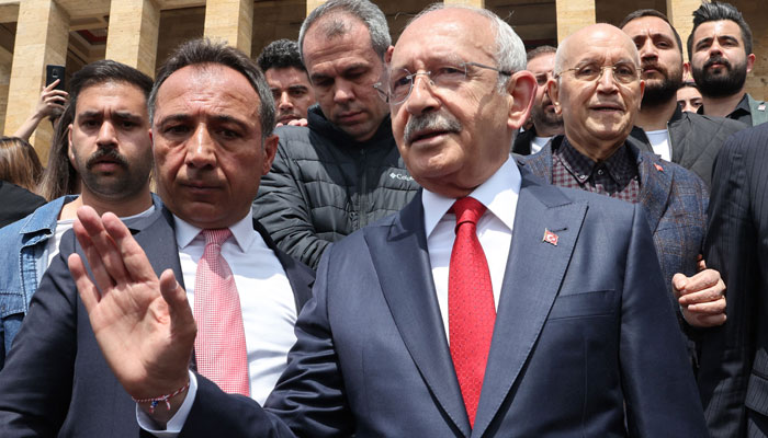 Presidential candidate Kemal Kilicdaroglu gestures as he visits Anitkabir, the mausoleum of Turkeys founder Mustafa Kemal Ataturk, during an election campaign in Ankara, on May 13, 2023. — AFP
