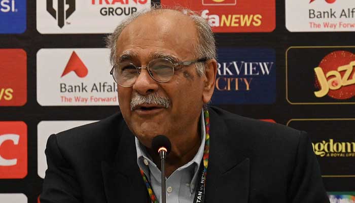 PCB Management Committee Chairman Najam Sethi addressing a press conference. — AFP/File