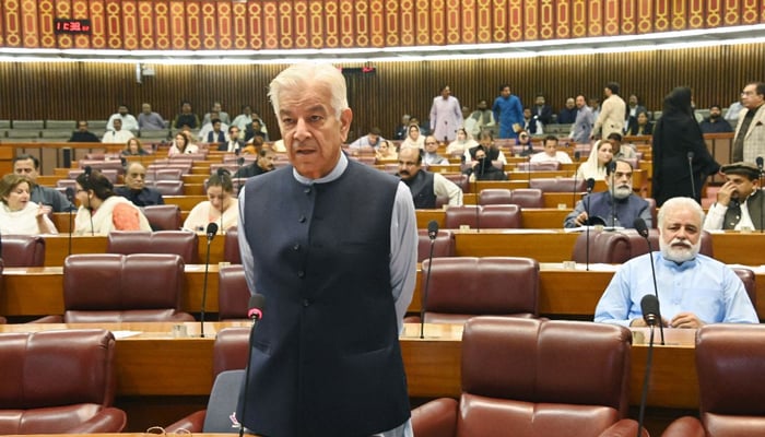 Defence Minister Khawaja Asif speaks in the National Assembly on May 15, 2023. — Facebook/NationalAssemblyOfPakistan