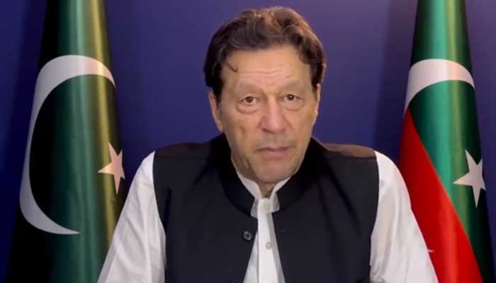 PTI Chairman Imran Khan is delivering a video message in Lahore, on May 15, 2023, in this still taken from a video. — Twitter/ImranKhanPTI