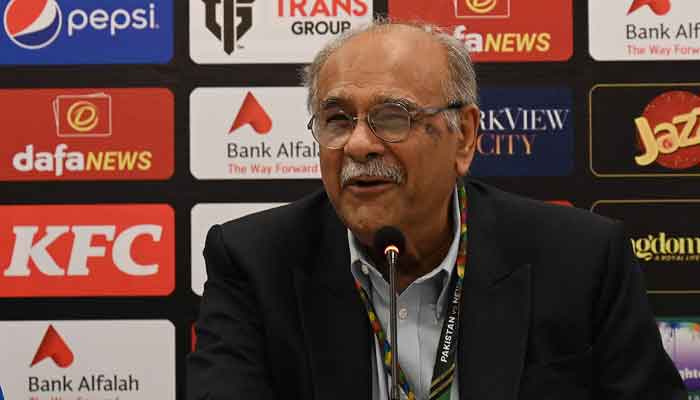 Pakistan Cricket Board´s management committee chairman Najam Sethi attends a press conference at the Rawalpindi Cricket Stadium in Rawalpindi on April 20, 2023. —AFP