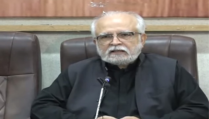 MNA Mahmood Maulvi addresses the press conference in Karachi on May 16, 2023, in this still from a video.  —YouTube/GeoNews