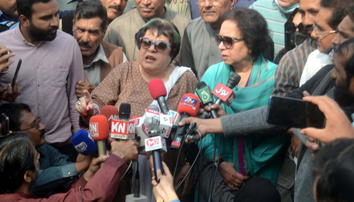 Pakistan Tehreek-e-Insaf (PTI) leader Shireen Mazari (left) talks to the media on February 22, 2023. — PPI