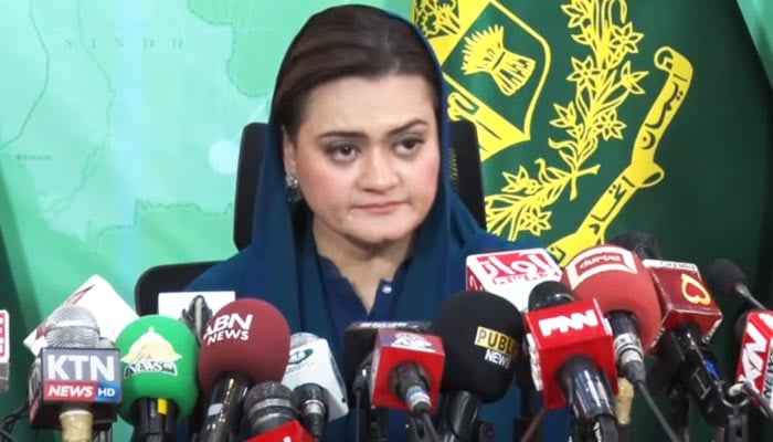 Information Minister Marriyum Aurangzeb addresses a press conference in Islamabad, on May 17, 2023, in this still taken from a video. — YouTube/PTVNewsLive