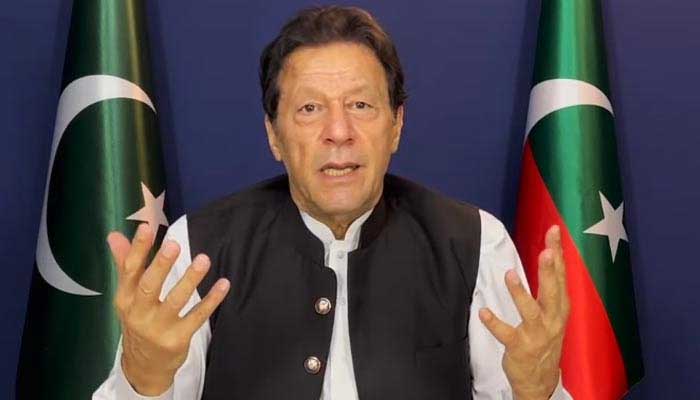 Pakistan Tehreek-e-Insaf (PTI) Chairman Imran Khan is addressing supporters, in this still taken from a video on May 17, 2023. — GeoNews/YouTube