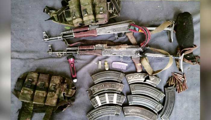 The militarys media wing releases photo of weapons and ammunition recovered from terrorists. — ISPR