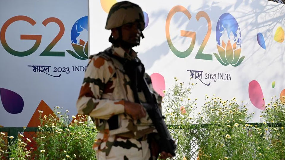 A member of Indias military force stands guard at the G20 foreign ministers meeting in New Delhi, India March 2, 2023. — Reuters