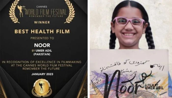 The child star of Noor is featured alongside a poster showing the award the short film won. — Photo by author
