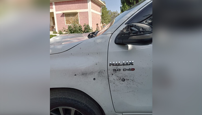 The damaged vehicle in which JI chief Sirajul Haq was travelling in Zhob, on May 19, 2023. — Author