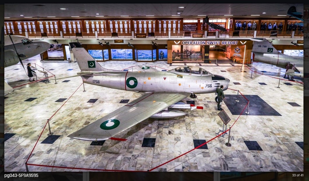 The fighter jet F-86 Sabre flown by M.M. Alam is displayed at the Pakistan Air Force Museum in Karachi. — PAF Museum