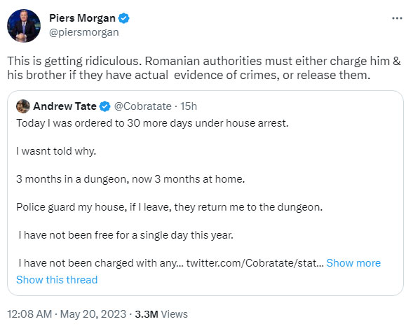 Piers Morgan speaks out after Andrew Tate’s house arrest extended another 30 days