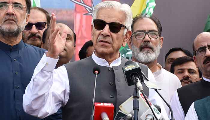 Defence Minister Khawaja Asif addressing participants of a walk on the eve of Youm e Istehsal to showing solidarity with the people of Kashmiri at Constitution Avenue in federal Capital on August 5, 2022. — Online