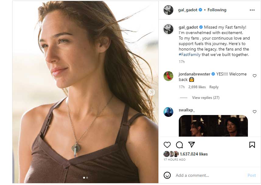 Gal Gadot celebrates her return to Fast & Furious franchise