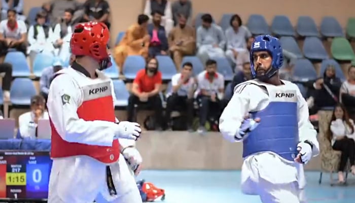 Participants face-off in a Taekwondo competition during the 34th National Games. — Twitter/cs_balochistan