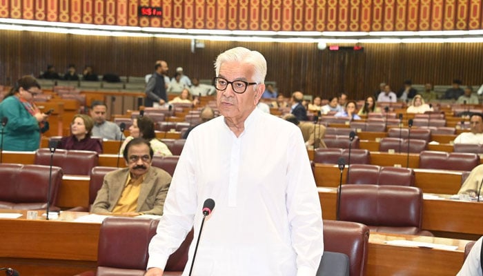 Defence Minister Khawaja Asif is addressing the National Assembly session on May 21, Monday. — Twitter/NAofPakistan