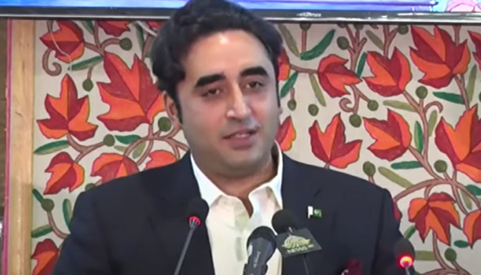 Foreign Minister Bilawal Bhutto-Zardari addresses the Azad Jammu and Kashmir Legislative Assembly on May 22, 2023, in this still taken from a video. — YouTube/GeoNews