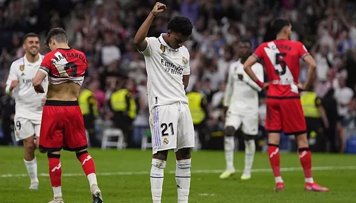 Real Madrids Rodrygo gestures in tribute for his teammate Vinicius Junior after scoring. marca.com