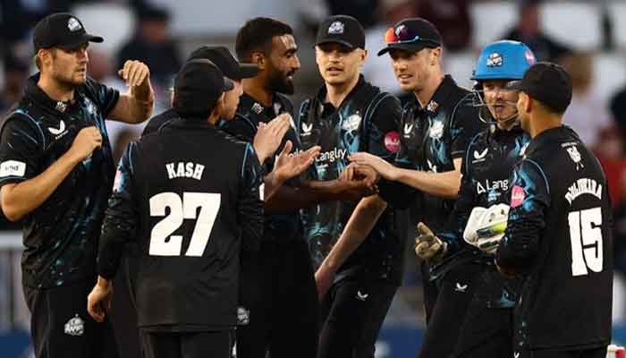 Worcestershire Rapids featuring Pakistani leg-spinner Usama Mir (centre) celebrate during Vitality Blast match on May 24, 2023. — Twitter/@Worcsccc