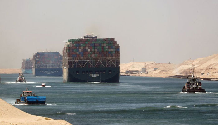 Ever Given, one of the worlds largest container ships, sets sail to leave through Suez Canal after the canal authority reached a settlement with the vessels owner and insurers, in Ismailia, Egypt, July 7, 2021. — Reuters