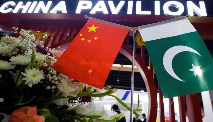 Flags of Pakistan and China are seen at the entrance of the China Pavilion, during the International Defence Exhibition and Seminar IDEAS 2022 in Karachi, Pakistan November 16, 2022. — Reuters