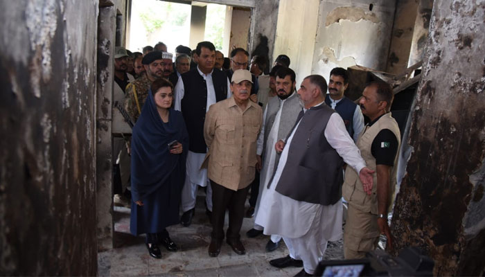 Prime Minister Shehbaz Sharif visits the building of Radio Pakistan in Peshawar on May 25, 2023 which was burnt during May 9 protests. — PM Office