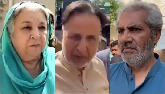 (From left to right) PTI leaders — Yasmin Rashid, Mian Mehmoodur Rasheed, and Omar Sarfaraz Cheema — can be seen in this collage, on May 25, 2023, in these stills taken from different videos. — Twitter/PTI/ABCNewsUrdu