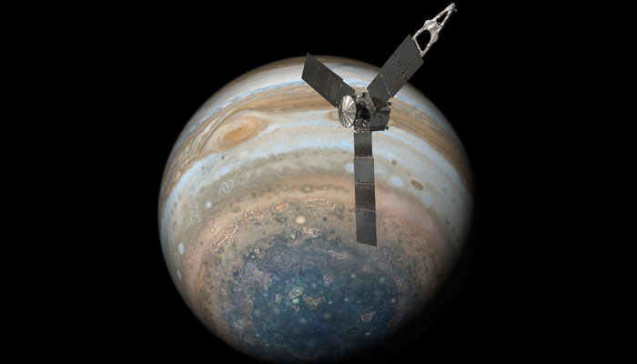 This illustration depicts NASA’s Juno spacecraft soaring over Jupiter’s south pole. — Nasa/File