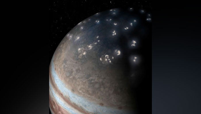 This artists concept of lightning distribution in Jupiters northern hemisphere incorporates a JunoCam image from the NASA spacecraft Juno with artistic embellishments. — Reuters/File