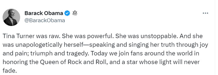 Obama bergabung dengan penggemar Tina Turner untuk menghormati 'Queen of Rock and Roll'