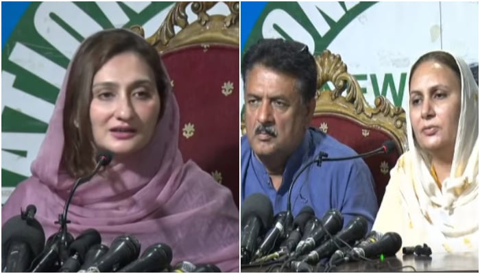 (Left to right) Ex-PTI leaders Maleeka Bokhari, Jamshed Cheema, and Musarrat Jamshed Cheema addressing press conferences in Islamabad, on May 25, 2023, in this still taken from a video. — YouTube/GeoNews