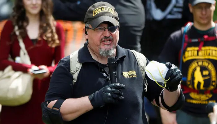 Oath Keepers founder Stewart Rhodes speaks during a rally in Berkeley, California, on April 15, 2017.—Reuters