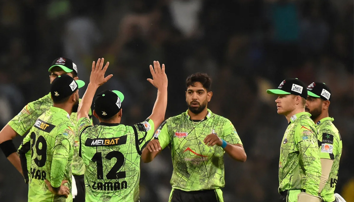Haris Rauf (centre) celebrates taking a wicket during the final of the Pakistan Super League (PSL) on March 18, 2023. — AFP