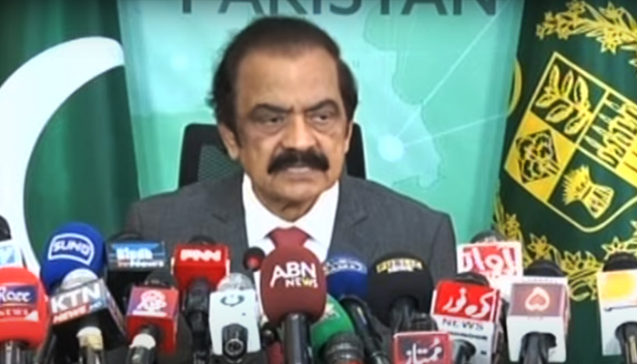 This screengrab shows Interior Minister Rana Sanaullah during a press conference on May 26, 2023. — YouTube/GeoNews