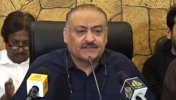 Minister of National Health Services, Regulations and Coordination Abdul Qadir Patel speaking during a press conference on May 26, 2023, in this still taken from a video. — YouTube/GeoNews