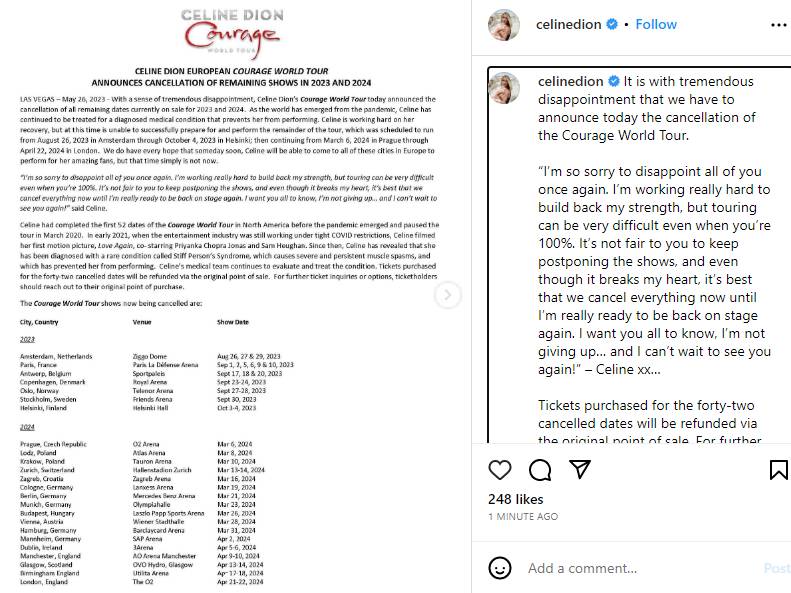 Celine Dion mengumumkan pembatalan 'Courage World Tour' karena masalah kesehatan