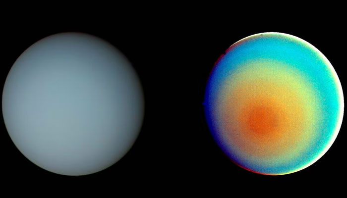 Two pictures of Uranus — one in true colour (L) and the other in false colour — are shown in this picture. — Reuters/File