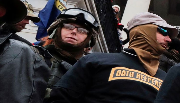 Members of the Oath Keepers militia group, including Jessica Marie Watkins (Left), stand among supporters of US President Donald Trump protesting against the certification of the 2020 US presidential election results by the US Congress, on the east front steps of the US Capitol in Washington, US, January 6, 2021. Picture taken January 6, 2021. —Reuters