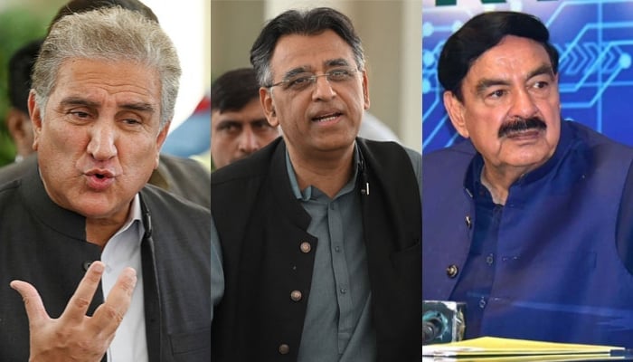 Former foreign minister Shah Mehmood Qureshi, former planning minister Asad Umar and former interior minister Sheikh Rashid Ahmed. — AFP/APP/Files