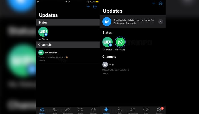 The old version of the update (left) compared to the new version of the Channels updates. — WABetaInfo