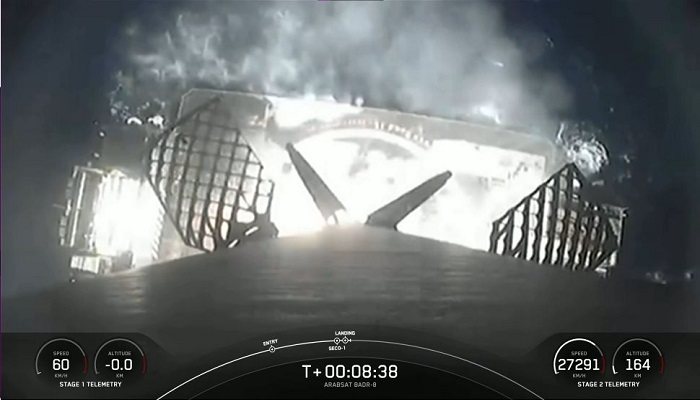A SpaceX Falcon 9 rocket booster lands on the companys droneship Just Read the Instructions on May 27, 2023. — SpaceX